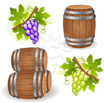 Wooden barrels with wine and grape clusters