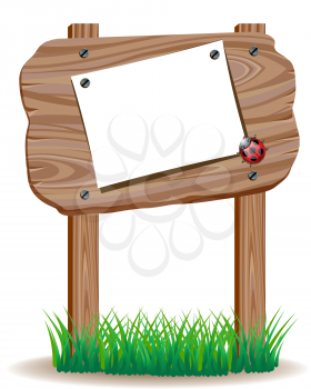 Wooden signboard with a paper on a green grass
