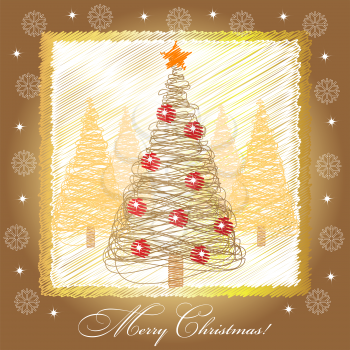 Christmas card illustration with golden christmas tree