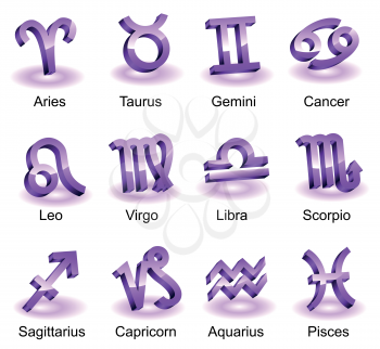 Horoscope zodiac star signs. Violet shiny icons