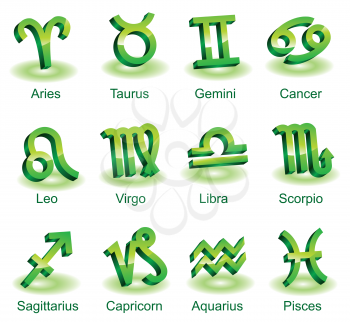 Horoscope zodiac star signs. Green shiny icons