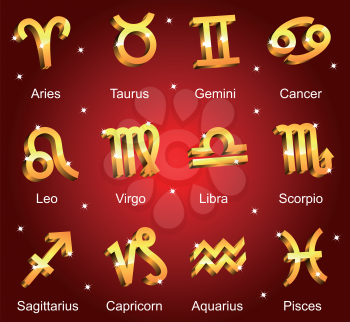 Horoscope zodiac star signs. Golden shiny icons