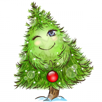 Cute little christmas tree character with a red ball