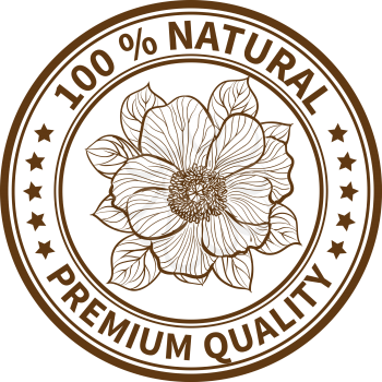 Stamp with the flower of peony and the text 100% natural, premium quality
