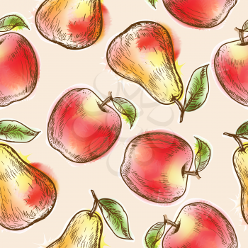 Seamless pattern with apples and pear. Painted in watercolor style