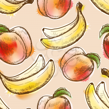 Seamless pattern with peach and banana. Painted in watercolor style