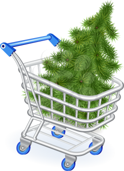 Christmas tree in a shopping cart on a white background