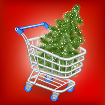 Christmas tree in a shopping cart on a red background