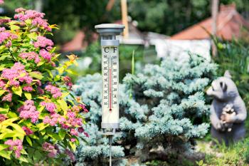 Modern stylish outdoor thermometer in the garden