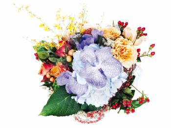 colorful floral arrangement of roses, lilies, freesia, orchids and irises isolated on white background