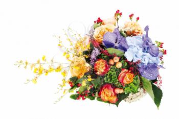 colorful floral  bouquet of roses, lilies, freesia, orchids and irises isolated on white background
