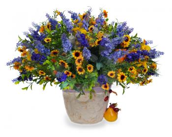 colorful floral bouquet of lilies, sunflowers and irises centerpiece in vase isolated on white background