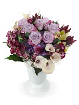 colorful floral bouquet of roses, lilies and orchids arrangement centerpiece in vase isolated on white background