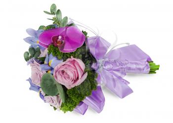 colorful flower wedding bouquet for bride from roses, iris and  orhid, isolated on white background