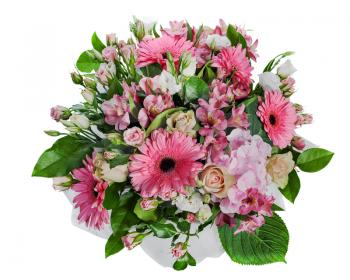 colorful floral bouquet of roses, lilies and orchids isolated on white background