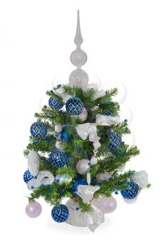 Christmas fir tree decorated with Christmas balls, snowflakes, candles , beads and pine branches isolated on white background