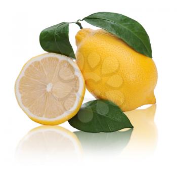 fresh lemon citrus with cut and green leaves isolated on white background