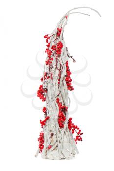 аbstract Christmas Tree decorated with clusters of mountain ash and birds isolated on white background