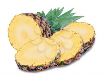 ripe pineapple with slices isolated on white background