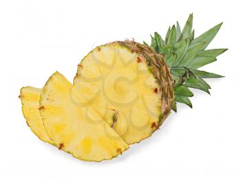 ripe pineapple with slices isolated on white background