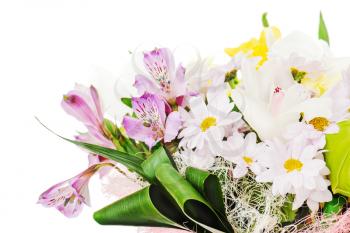 fragment of colorful bouquet of roses, lilies and orchids arrangement centerpiece isolated on white background