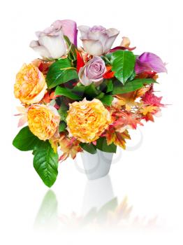 colorful autumn flower bouquet arrangement centerpiece in vase isolated on white background