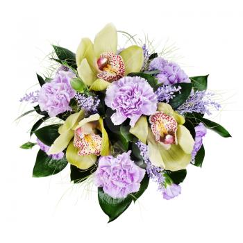colorful floral bouquet of roses,cloves and orchids isolated on white background
