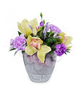colorful floral bouquet of roses,cloves and orchids arrangement centerpiece in glass vase isolated on white background