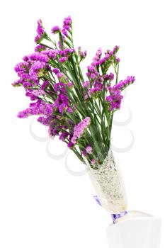 Bouquet from purple statice flowers arrangement centerpiece in vase isolated on white background.