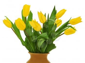 Flower bouquet from  yellow tulips in brown vase isolated on white background.