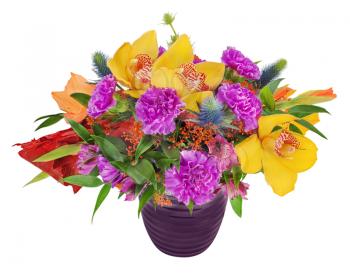 Floral bouquet of orchids, gladioluses and carnation arrangement centerpiece in blue vase isolated on white background