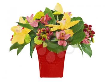Colorful flower bouquet from orchids and lilies arrangement centerpiece in red vase isolated on white background.