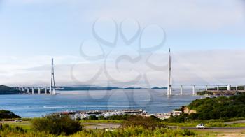 Longest cable-stayed bridge in the world in the Russian Vladivostok over the Eastern Bosphorus strait to the Russky Island.