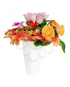 Floral bouquet arrangement centerpiece in white vase isolated on white background.