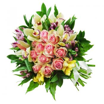 Floral bouquet of roses, lilies and orchids arrangement centerpiece isolated on white background. Closeup.