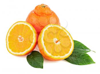 Fresh orange fruit with green leaves isolated on white background. Closeup.