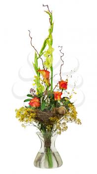Floral bouquet of roses and gladiolus isolated on white background. Closeup.