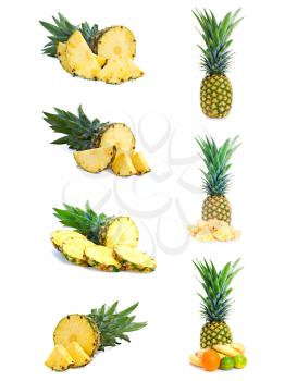 Set fresh pineapple fruits with cut isolated on white.