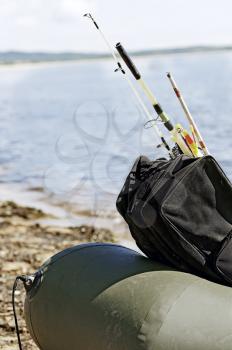 Fishing gear in an inflatable boat after fishing.