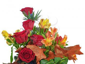 Fragment of bouquet of roses and lilies arrangement centerpiece isolated on white background. Closeup.