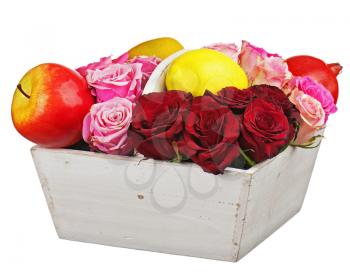 Royalty Free Photo of Flowers and Fruit in a Wooden Basket