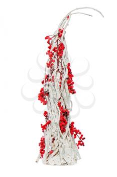 Abstract Christmas Tree decorated with clusters of mountain ash isolated on white background. Closeup.