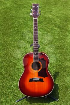 Acoustic guitar on background of green grass.