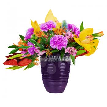 Floral bouquet of orchids, gladioluses and carnations arrangement centerpiece in glass vase isolated on white background.