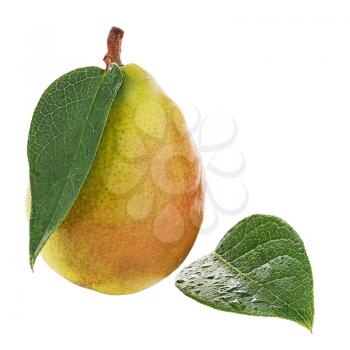 Ripe pear with green leaves isolated on white background. Closeup.