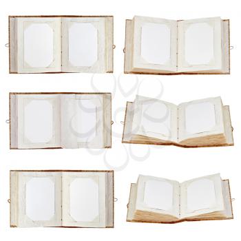 Set of old open photo albums with place for your photos isolated on white background. Closeup.
