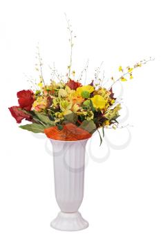 Bouquet from roses orchids and lilies in vase isolated on white background. Closeup.