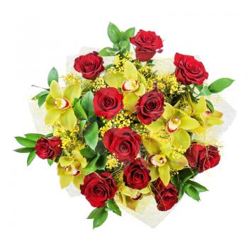 Bouquet of roses and orchids isolated on white background. Closeup.