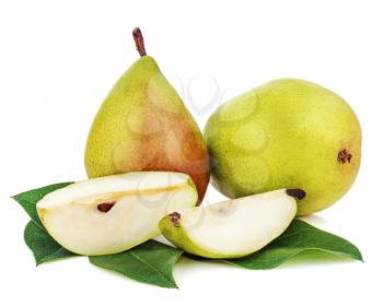 Pears with cut and green leaves isolated on white background. Closeup.