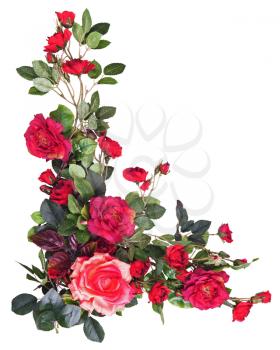 Bouquet from artificial red roses isolated on white background. Closeup.